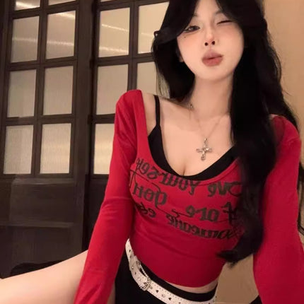 Pure Desire HoT Girl Red Square Neck Long Sleeve T-shirT Women's Spring Sexy Slim ShorT LeTTer PrinT Top BoTToming ShirT