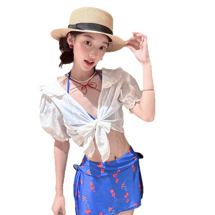 "Sapphire Blue" Sweet and Spicy Swimsuit Sexy White Shirt Women's Small Breast Bikini Three-Piece Vacation Swimsuit