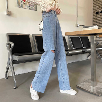 2024 Summer Hong Kong style chic ripped Denim wide-leg pants women's fashionable loose straight slimming draping mop pants