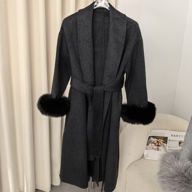 Explosive in stock Autumn and Winter Women's High-end Double-sided Wool Coat Women's Mid-length Removable Real Fox Hair Cuff