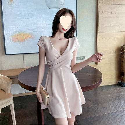 Nightclub Women's Fashion Deep V Low-cut Waist Belly Covering A- line Skirt Elegant Backless Small Skirt Night Sexy dress