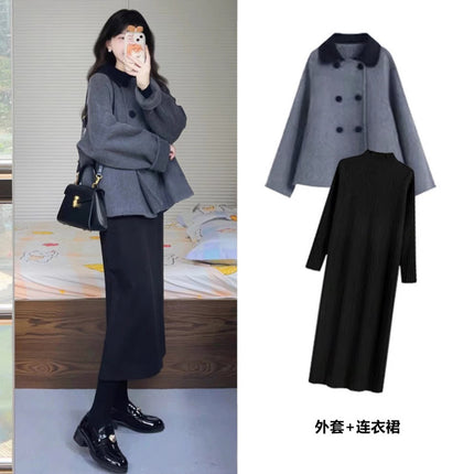 plus size chubby girl autumn and winter women's French Hepburn wind woolen cloth coat knitted sweater dress two-piece suit 200kg