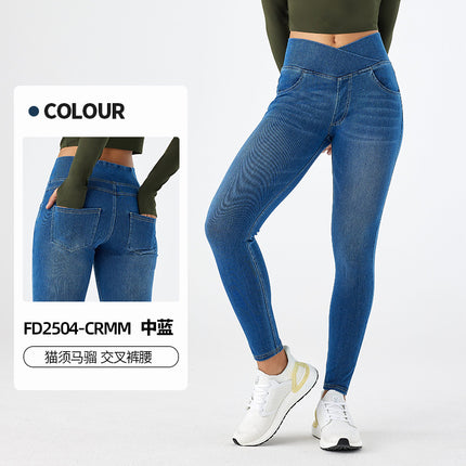 Cross-Border New Style Whiskered High-Waisted Straight-Leg Jeans for Women, High-Stretch Tight-Fitting Double-Pocket Fitness Casual Pants