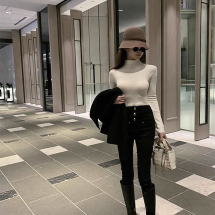 Wuuus [Korean women's leggings] white high waist fleece-lined pipe pants women's autumn and winter nine Denim pants slim