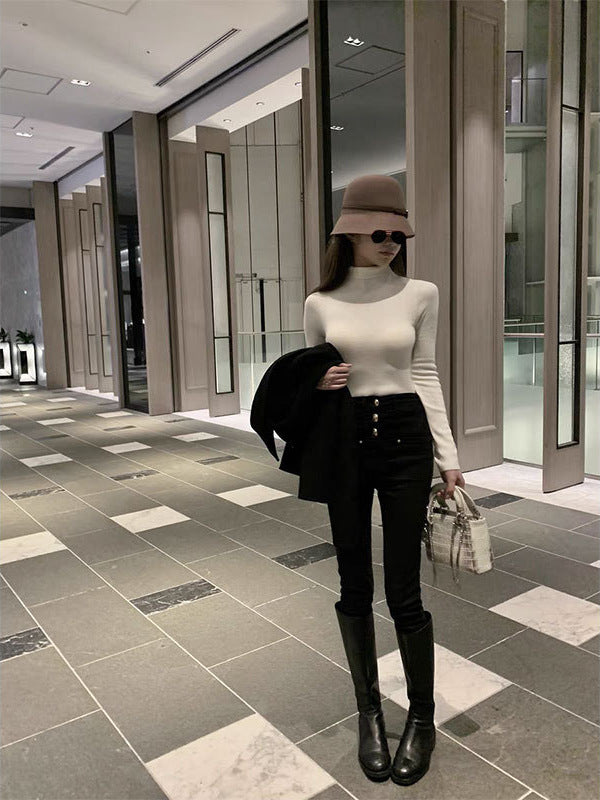 Wuuus [Korean women's leggings] white high waist fleece-lined pipe pants women's autumn and winter nine Denim pants slim