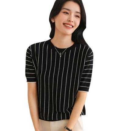 Summer new ladies round neck cotton knitted short sleeve vertical stripe T-shirt thin pullover jacket wholesale