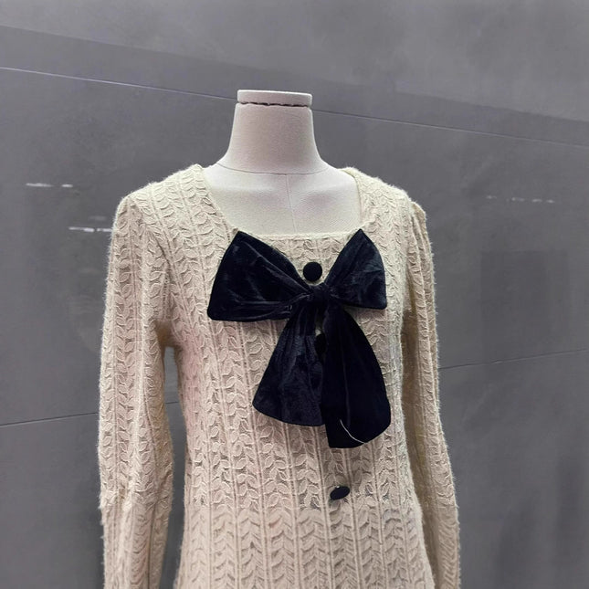 2024 Spring and Summer New Retro Square Collar Brushed Lace Bow Short Slim Slim Long-Sleeved Shirt Top