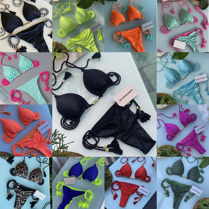 European and American 2025 Spot New Fashion Split Pure Color Bikini Bikini Swimsuit Sexy Lace-Up Halter Swimsuit