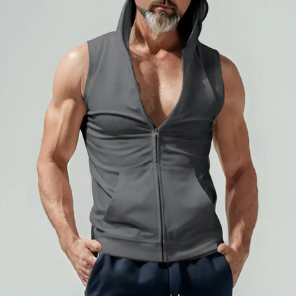 Amazon Summer Foreign Trade Men's Hooded Cardigan Zipper Sweatshirt Sleeveless Casual Vest Sports Jacket Men