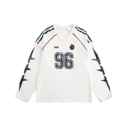 American Letter V-neck Long Sleeve T-shirt Men's and Women's Spring and Autumn Stripe Contrast Color Couple's oversize Ball Suit Design Sweatshirt