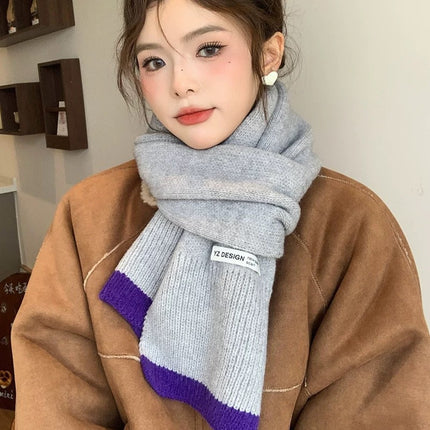 New Korean Style All-match Knitted Contrast Color Soft Waxy Scarf Women's Winter Fashion All-match Warm Student Thick Scarf Cold-proof