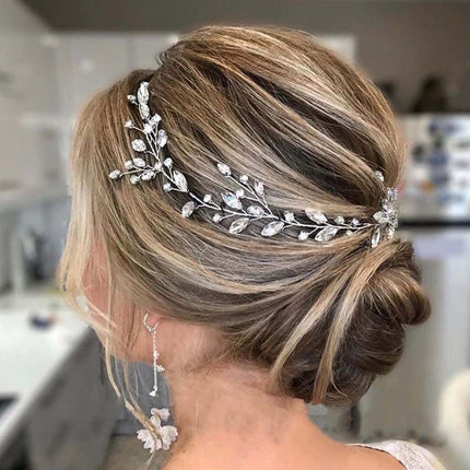 Europe and the United States cross-border horse eye diamond bride handmade rhinestone hair chain hair band headdress Amazon crystal silver leaf hair accessories