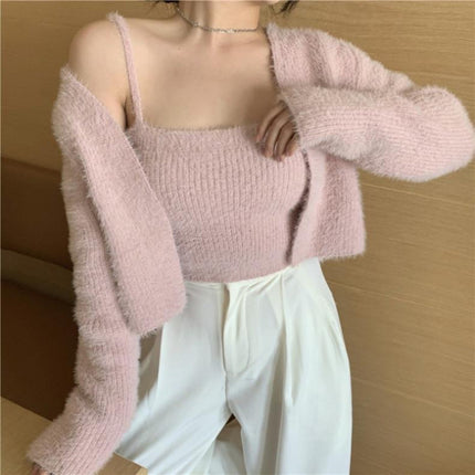 South Korea's Dongdaemun Soft Waxy Knitted Cardigan Two-Piece Set for Women Spring and Autum Plush Short Camisole Suit