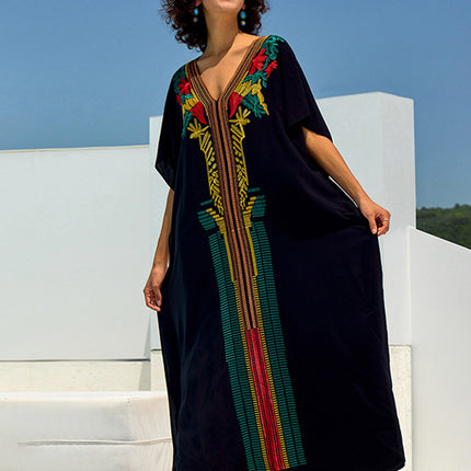 New Cross-Border European and American Style Loose Embroidered Long Dress for Women, Embroidered Beach Cover-Up, Long Robe, Bikini Cover-Up