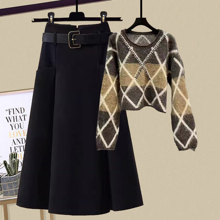 Light luxury women's clothing suit 2024 autumn and winter new design sense rhombus sweater light mature skirt two-piece set