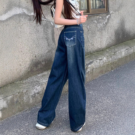 Dark Blue American Wide-Leg Jeans for Women 2025 New High-Waist Slimming Embroidered Loose Floor-Length Straight Pants Trendy