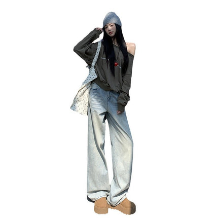 Design Sense Light Color Wide Leg Jeans Women's Autumn and Winter 2024 New Style Straight Tube Loose High Waist Slimming Pants
