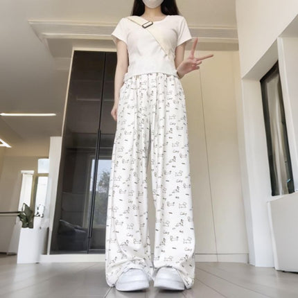 Apricot Puppy Print Ice Silk Wide-Leg Pants for Women Summer High-Waisted Casual Floor-Length Pants Lazy Style Straight Pants