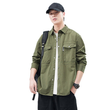 Heavy Wash Cotton Japanese Style Vintage Trendy Brand Loose Casual Shirt Jacket Army Green dark gray Jujube