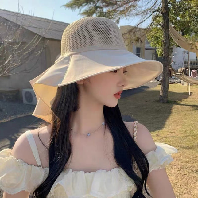 Spring and summer sunscreen face-covering breathable fisherman hat Korean bow shawl hat outdoor multi-functional sun hat