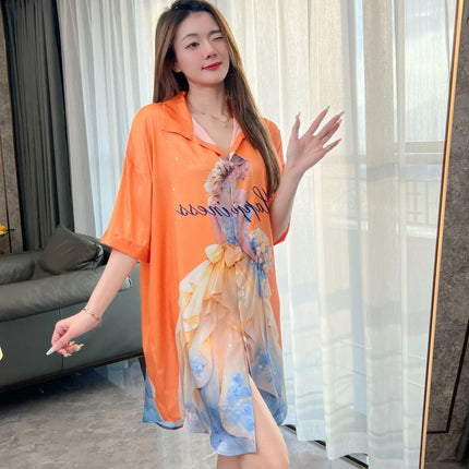Summer New Style Fashionable Pure Lust Sexy Ice Silk Shirt Pajamas Loose High-End Home Wear Suit for Women