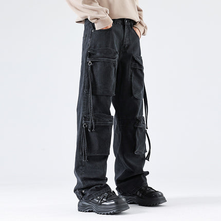 Autumn New American Retro Pocket Tooling Jeans Loose Niche Motorcycle Style Old Tooling Straight Pants