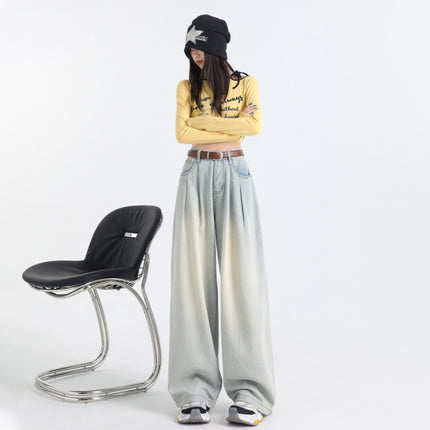 Korean Style Pleated Loose Wide Leg Jeans Women's 2024 Autumn New High Waist Drape Slimming All-match Straight Pants
