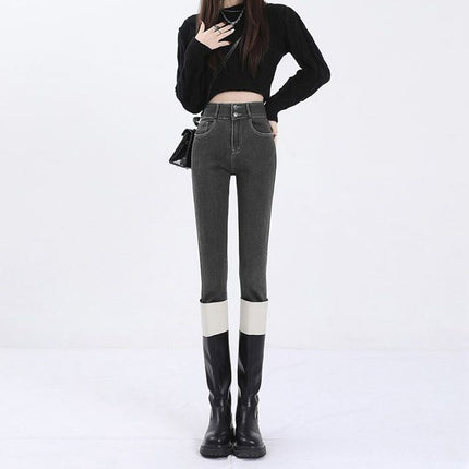 Vintage Blue fleece-lined Thickened Jeans Women's Autumn and Winter 2024 New High Waist Slimming Tight American Pencil Pencil Pants