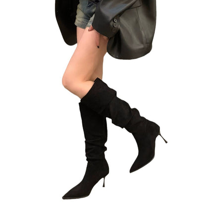 High-Heeled Pointed-Toe Khaki Suede Stacked Long Boots Women's Shoes 2025 Spring and Autumn Single Boots Slim Long Tube Riding Boots