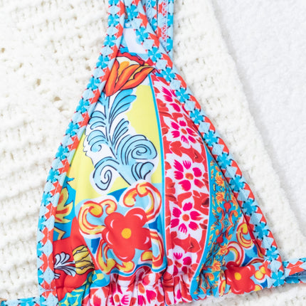 2024 New Bikini Cross-border European and American Foreign Trade Printed Triangle Cup Lace-up Sexy Bikini Swimsuit Swimwear Women