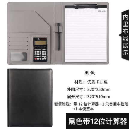 A4 Leather File Clipboard with 8-Digit Calculator Multi-Functional Manager Clip Car 4S Shop Folder to Make Log Storage