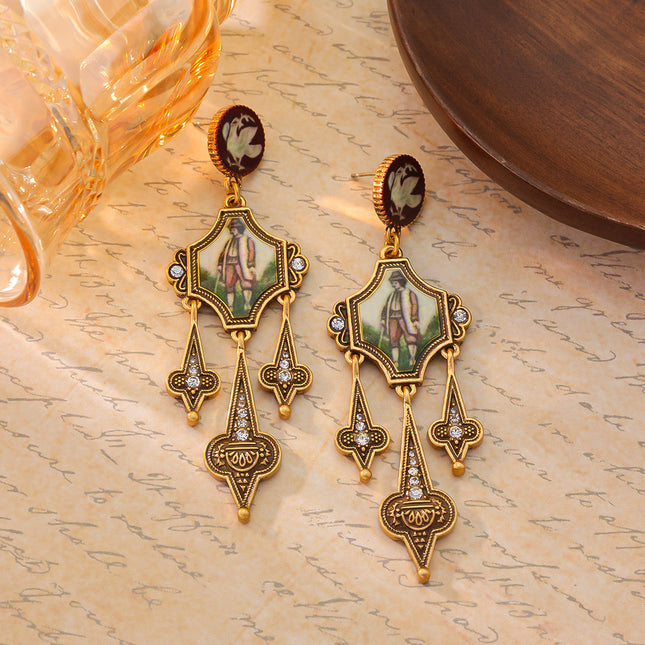 Vintage 925 Silver Needle European and American Fashion Retro Character Portrait Long Tassel Earrings
