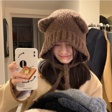 Cute Bear Ear Knitted Hat for Women, Autumn and Winter, Makes the Face Look Smaller, Versatile, Warm Woolen Hat, Cold-Proof Plush Ear Protection Hat