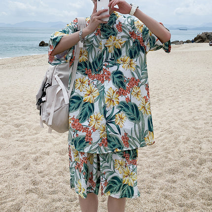 Cross-border 2023 Summer Beach Youth Color Printed Shirt Set Men's Multi-color Loose Shorts Shirt Set