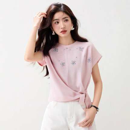 Korean-Style Heavy-Duty Rhinestone Short-Sleeve Knit Top for Women, 2025 Summer Style, Sleeveless Ice Silk T-Shirt, Trendy Tie-Up Crop Top, Thin