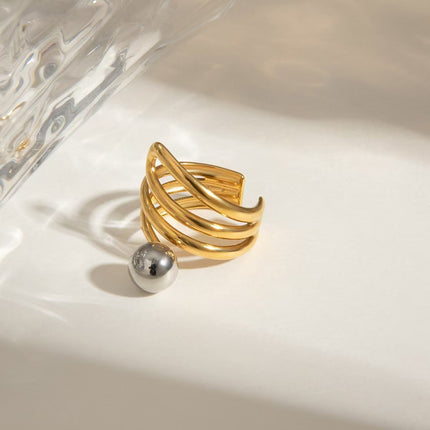 European and American stainless steel INS style gold and silver color matching multi-layer personality steel ball open ring French cross-border titanium steel ring