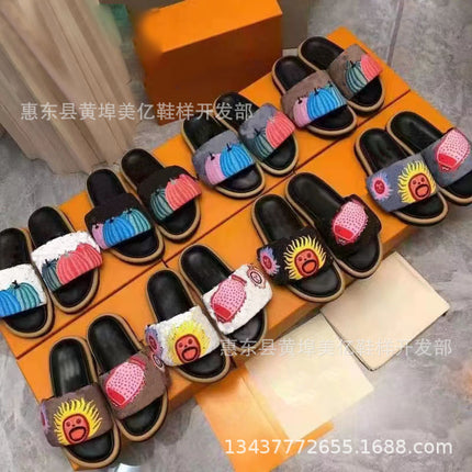 2023 Summer New Style Platform Thick Bottom Pumpkin Velcro Outer Wear Lazy Flip-Flops Embroidered Casual Flat Sandals
