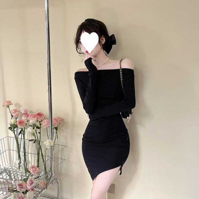 Off-Shoulder dress Women's Long-Sleeved Cold Style High-End Hot Girl Sexy Off-Shoulder Tight Waist Tight Base Hip Skirt