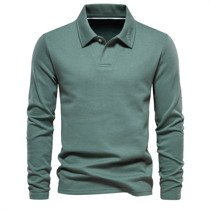 Long-Sleeve Versatile Top Trendy Solid Color Casual Spring and Autumn New Cross-Border Men's Polo with a Collar in Grass Green