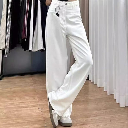 2025 White Wide-Leg Draped Floor-Length Jeans for Women, High-Waisted Slimming Straight Pants, Loose Autumn New Trend