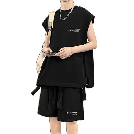 Summer New Trendy Loose-Fitting Large-Size Vest Set for Teenagers, Two-Piece Sports Set, Men's Sleeveless Vest, Casual