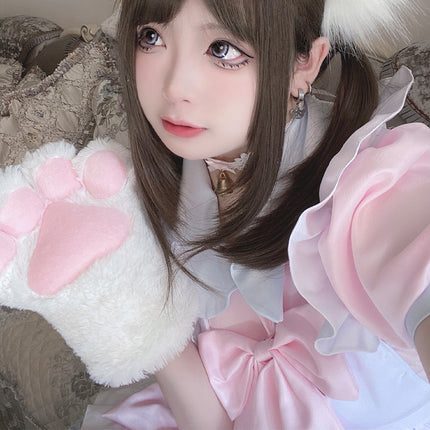 Japanese Lolita Maid Cosplay Pink Loli Maid Uniform Bow Short-Sleeve Dress