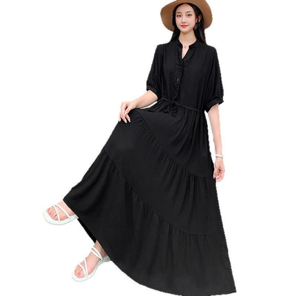 Cross-border chubby girl Super plus size Women's Dress Southeast Asian Short-sleeved Cotton Silk Large Swing Dress Mid-sleeved Beach Dress