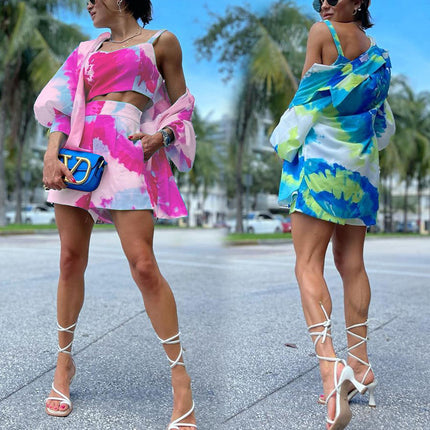 FD828 Spot European Station 2022 Explosions Women's Spring and Summer Temperament Leisure Color Tie-dye Printing Three-piece Set