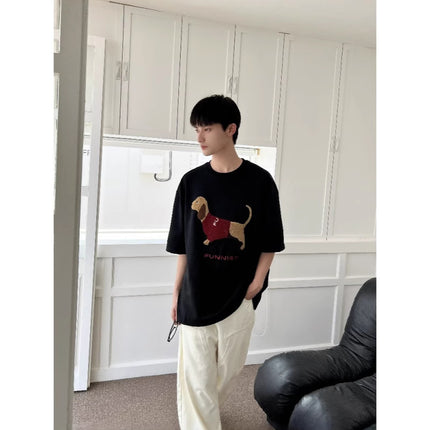 Air Layer Skin-Friendly Dachshund Towel Embroidered Short-Sleeved T-Shirt for Men and Women Summer Heavy Cotton Couple Half-Sleeved T-Shirt