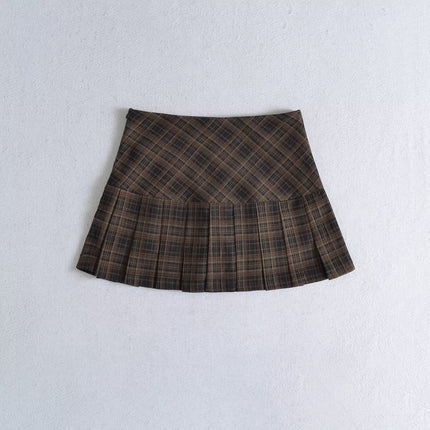 American Preppy Style Retro Plaid Brushed Pleated Skirt Slimming Look High Waist Short Skirt Female Sexy A-Line Skirt Autum