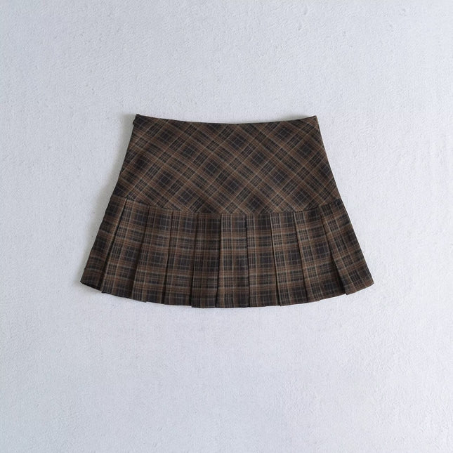 American Preppy Style Retro Plaid Brushed Pleated Skirt Slimming Look High Waist Short Skirt Female Sexy A-Line Skirt Autum