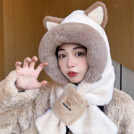 Women's Winter Cute Fox Ears Stuffed Hat Thickened Warm Cold-Proof Ear Protection Hat Scarf One Two-Piece Set
