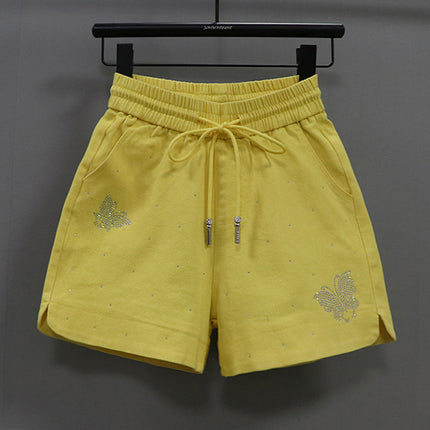 Elastic Waist Shorts Women's Hot Drilling Candy Color Butterfly Denim Wide Leg Pants New Korean Style Slim Look Elastic All-match Hot Pants