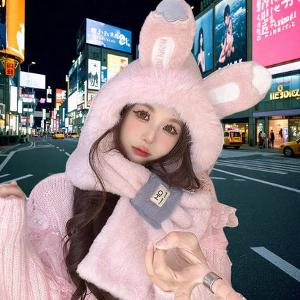 Rabbit Ears Hat Scarf All-In-One Hat for Women Winter Cute Plush Furry Animal Plus Scarf Two-Piece Hat